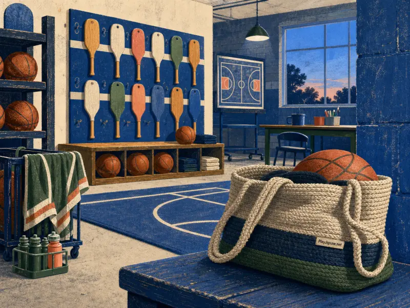 A sports locker room featuring wooden paddles hanging on a blue wall, basketballs, and a woven equipment bag on a bench.