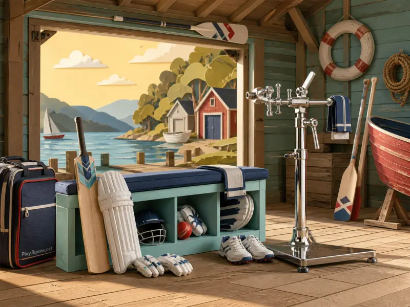 Cricket equipment rests on a bench inside a wooden boathouse looking out onto a sunny lake with a sailboat.