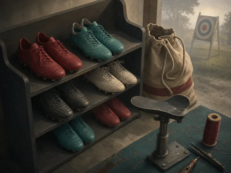Vintage colorful cleats arranged on a wooden shoe rack next to a canvas equipment bag and cobbler tools.