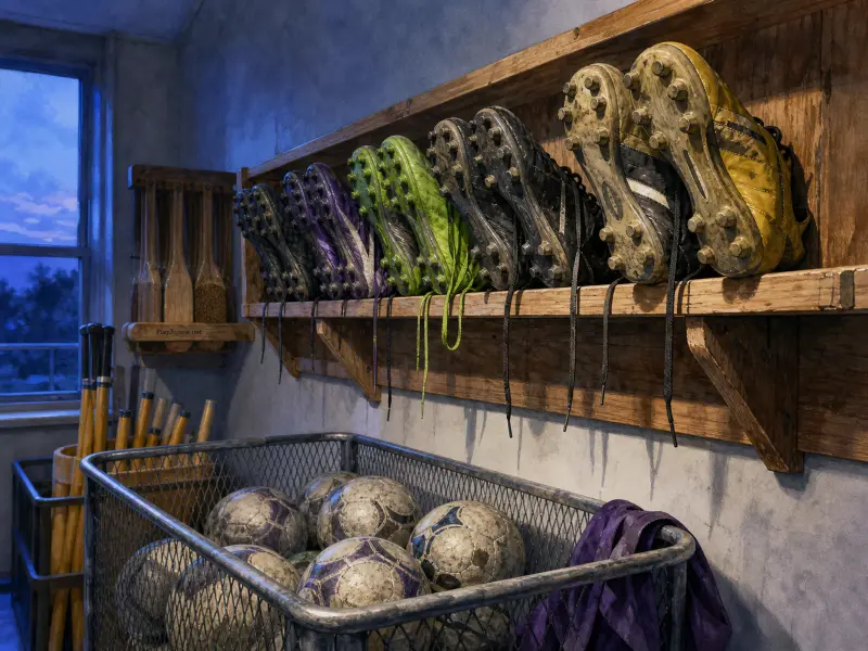 Schlammige Fußballschuhe auf einem Holzregal über einem Drahtkorb voller alter Trainingsbälle an einer Betonwand.