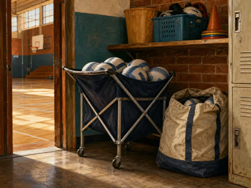 Carro y bolsa de lona con balones de voleibol junto a la puerta abierta de una luminosa cancha de gimnasio.