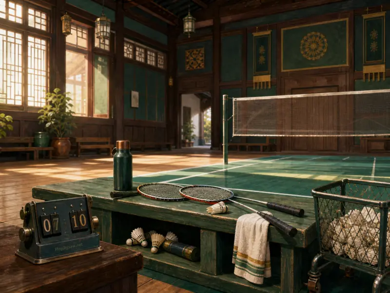 Badminton rackets, shuttlecocks, a scoreboard, and a net set up inside a traditional wooden court hall.