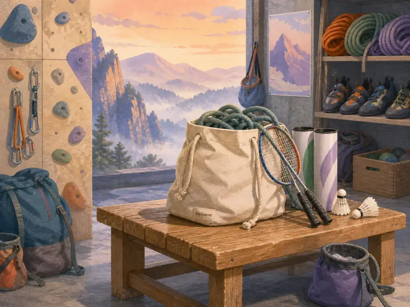 Badminton rackets and climbing gear sit on a wooden bench inside a lodge overlooking mist-covered mountains.
