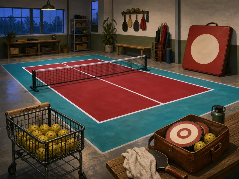 An indoor pickleball court with a red and teal surface, surrounded by a cart of balls, paddles, and wooden benches.