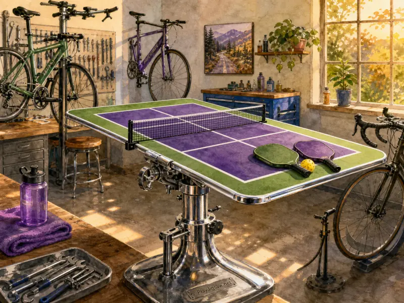 A purple and green tabletop court with paddles stands in a bright bicycle repair garage with hanging tools.