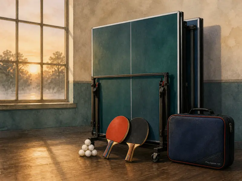 A folded table tennis table, two paddles, balls, and an equipment case stand by a window overlooking a misty sunrise.