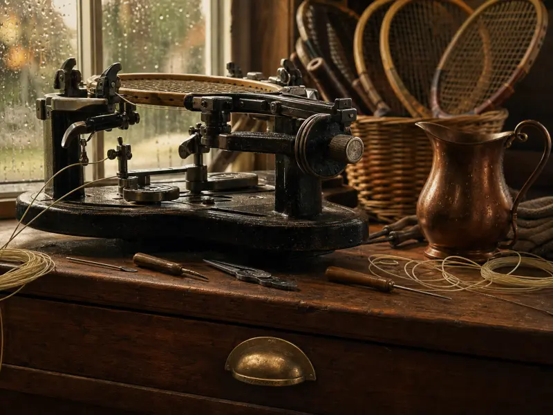 A vintage mechanical tennis racket stringing machine on a wooden workbench next to a copper pitcher and wooden rackets.