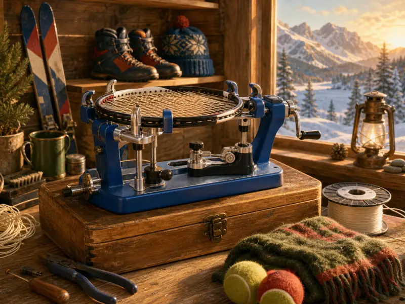 A tennis racket mounted in a stringing machine inside a cozy alpine cabin overlooking snowy mountains.