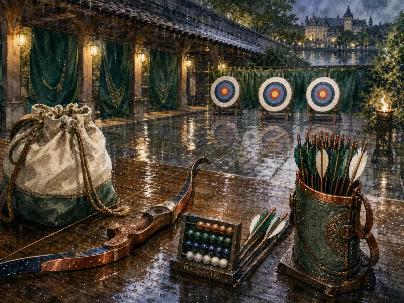 A recurve bow, arrows in a quiver, and targets on an outdoor archery range on a rainy evening with a distant castle.