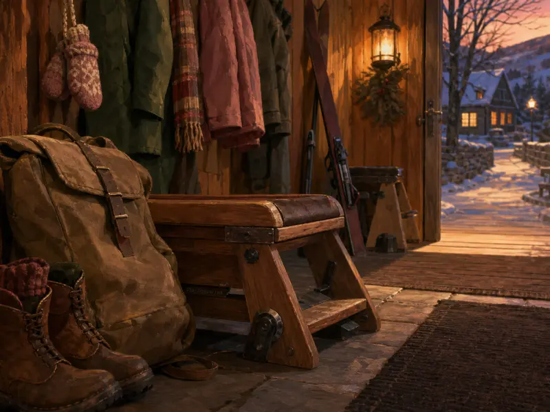 A cozy rustic mudroom with ski gear, leather boots, a backpack, and an open door looking out at a snowy cabin at sunset.