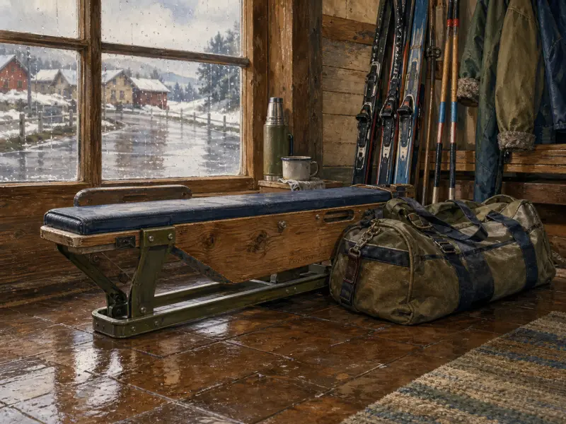 Vintage skis, a duffel bag, and a bench rest inside a rustic cabin next to a rainy window looking out on snowy cottages.