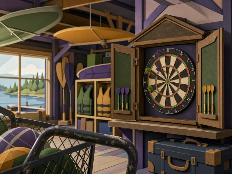 An open wooden dartboard cabinet inside a lake boathouse filled with paddles and life jackets.