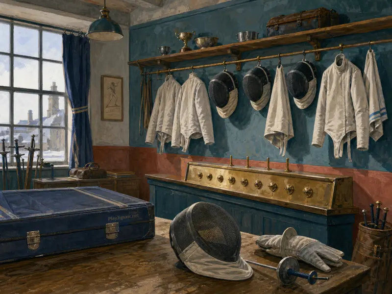 Fencing masks, white jackets, and an épée laid out on a table in an old training room overlooking a snowy town.