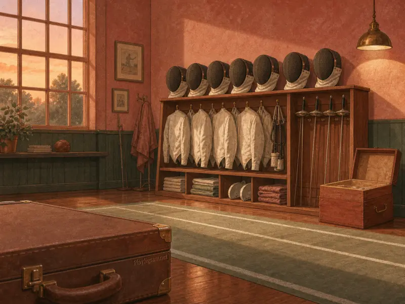 A vintage fencing locker room with masks, jackets, swords, a green practice mat, and a large window.