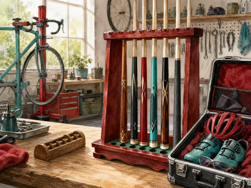 Billiard cues in a wooden rack next to an open case with a cycling helmet and shoes inside a sunlit workshop.