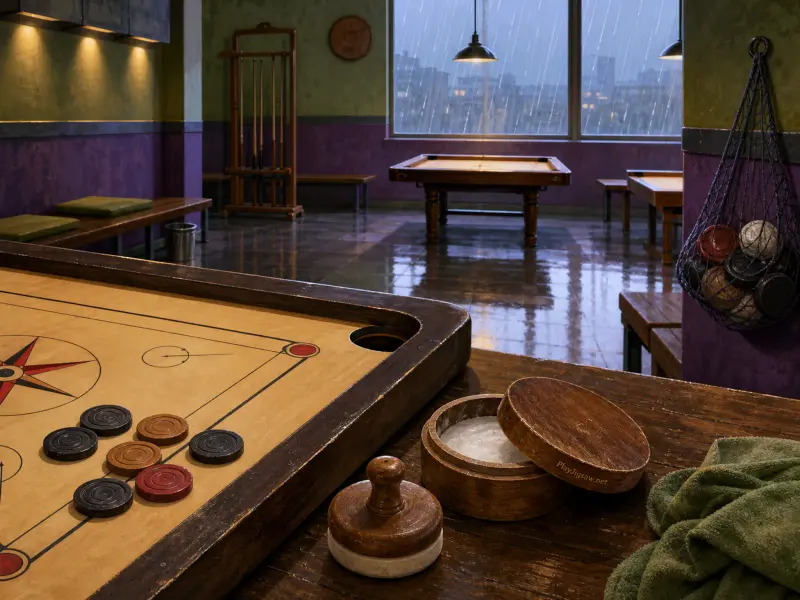 A carrom board with playing pieces and powder jar in an indoor game room during rain.