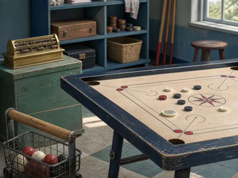 A wooden carrom board table with pieces set up in a sunlit vintage room beside an antique trunk and game shelves.