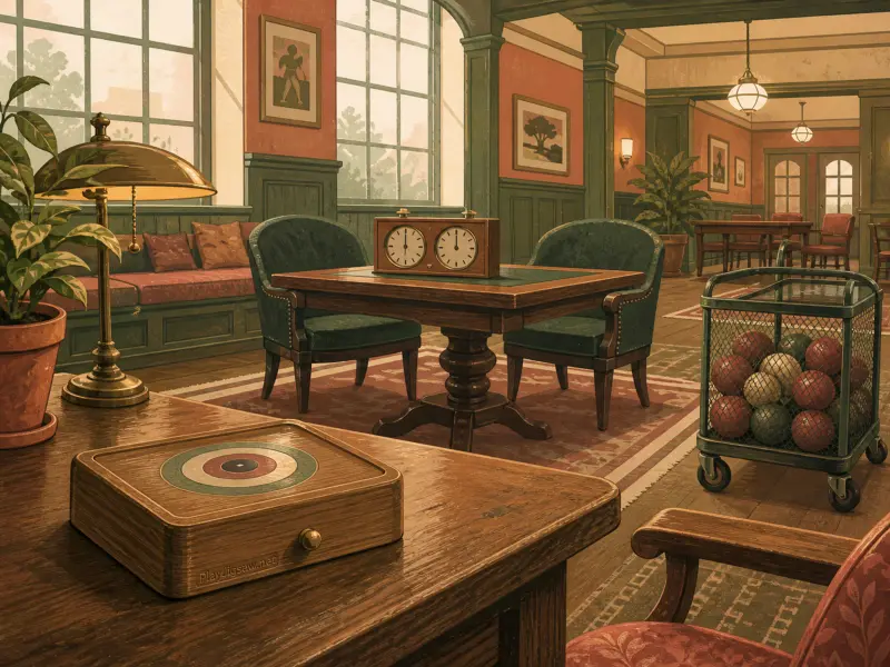 A quiet vintage clubroom furnished with wooden tables, green armchairs, a chess clock, and a rolling cart of balls.