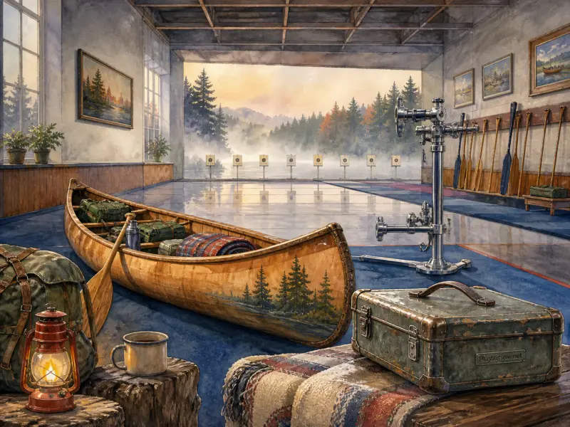 A wooden canoe loaded with gear inside a boathouse overlooking a misty lake framed by pine trees at dawn.
