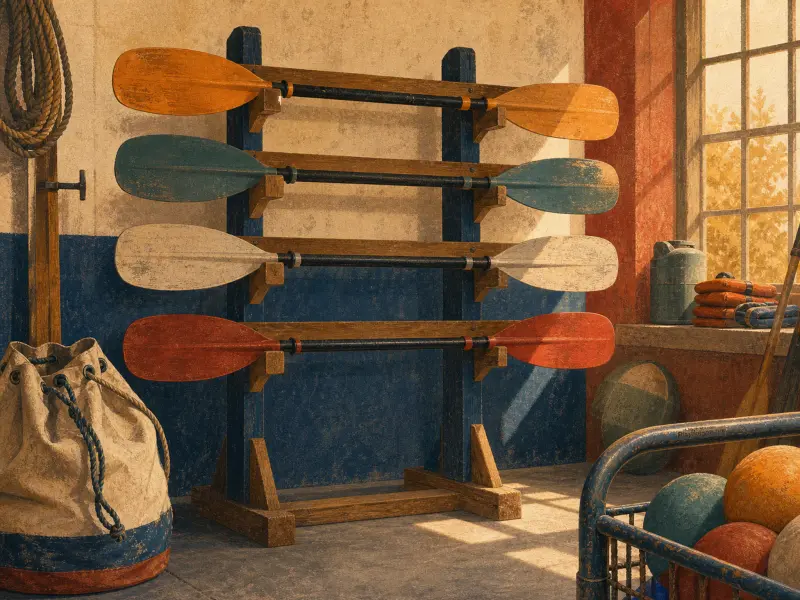 Four colorful kayak paddles rest horizontally on a rustic wooden rack inside a sunlit storage room.