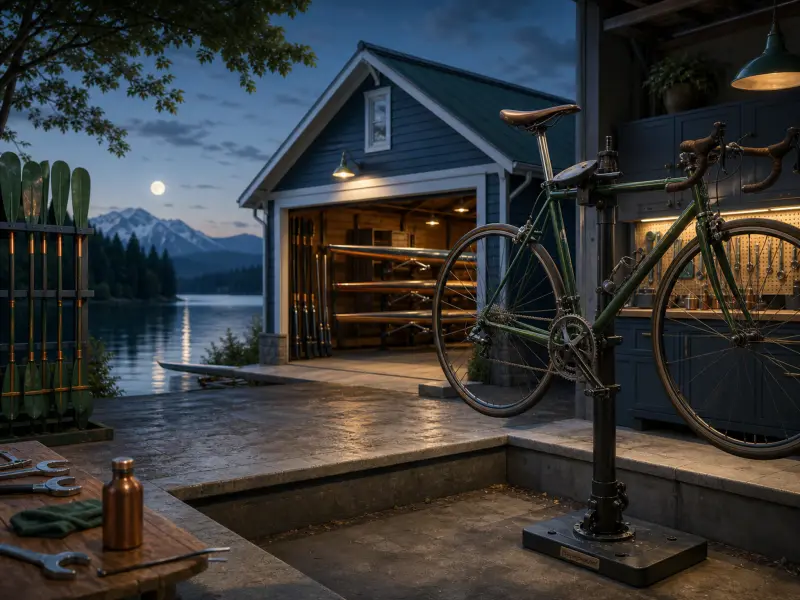 A green bicycle on a repair stand beside a lit boathouse overlooking a calm mountain lake under a full moon.