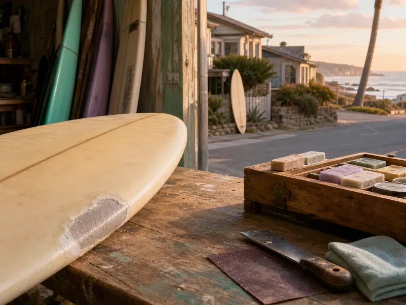 A surfboard undergoing repair on a rustic wooden workbench overlooking a coastal street and ocean at sunset.