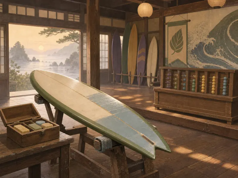 A surfboard rests on wooden stands inside a rustic workshop looking out over a calm sea at sunrise.