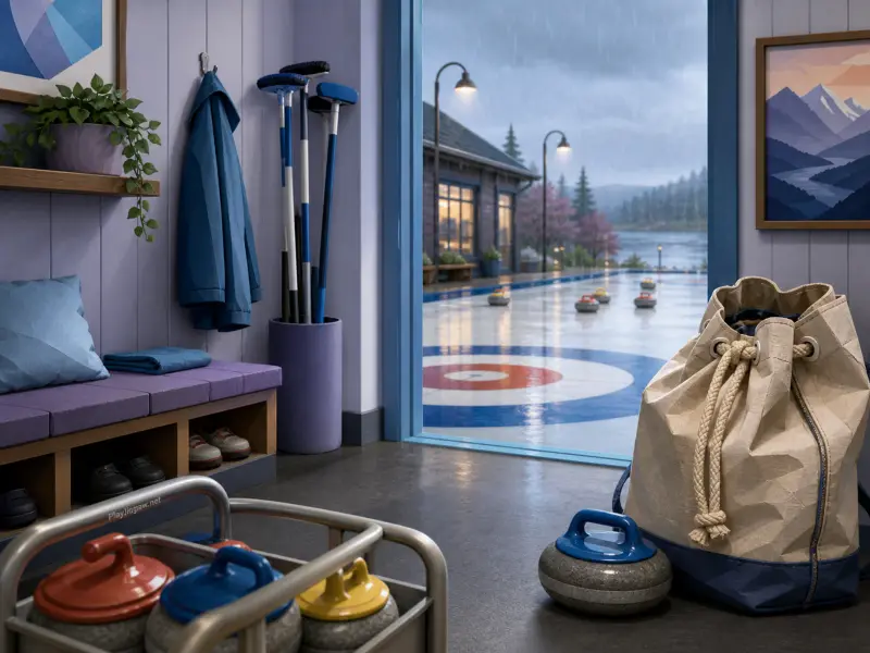 Curling locker room with gear looking out an open door onto an outdoor ice rink by a rainy mountain lake.