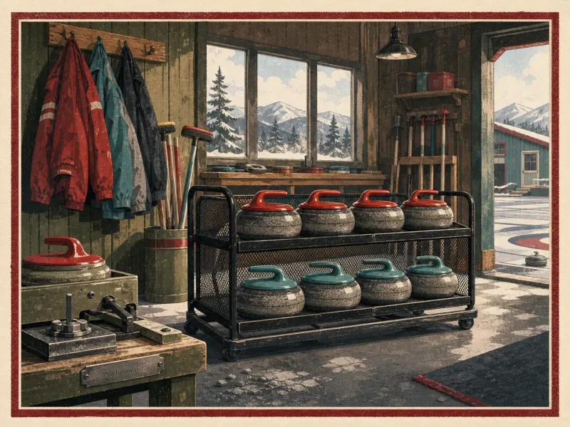 Curling stones with red and blue handles resting on a metal cart inside a rustic winter lodge facing an ice rink.