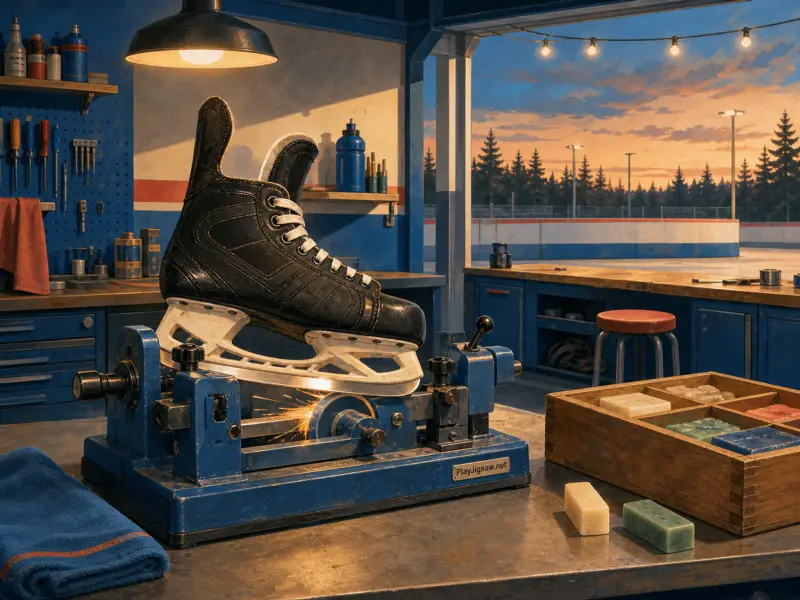A black hockey skate being sharpened in a workshop overlooking an outdoor rink at sunset.