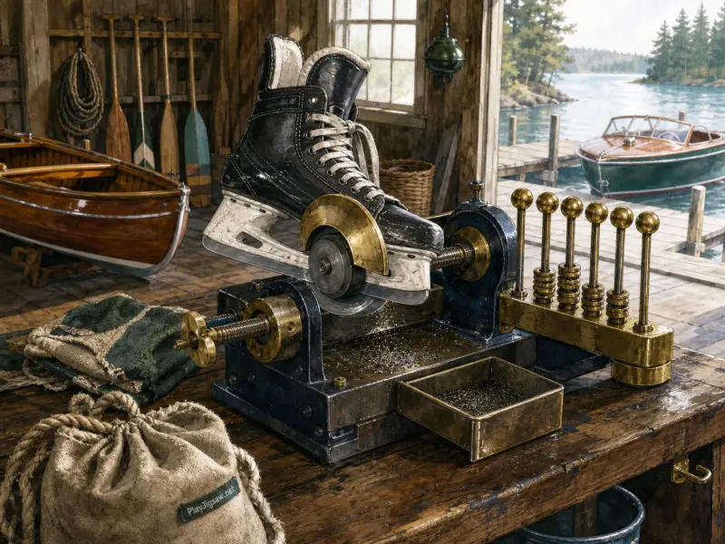 A hockey skate clamped in an antique sharpener on a wooden workbench inside a rustic lakeside boathouse.