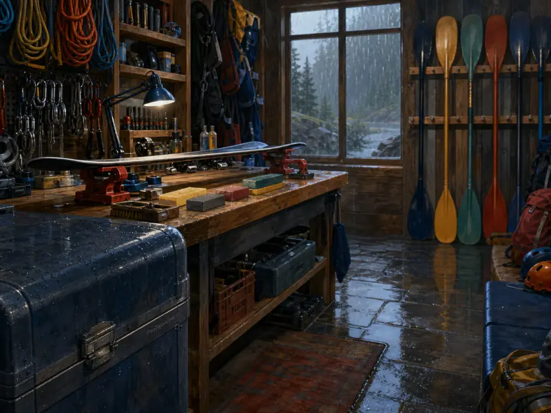 Snowboard mounted on a wooden workbench inside a rustic gear shed lined with paddles and ropes on a rainy day.