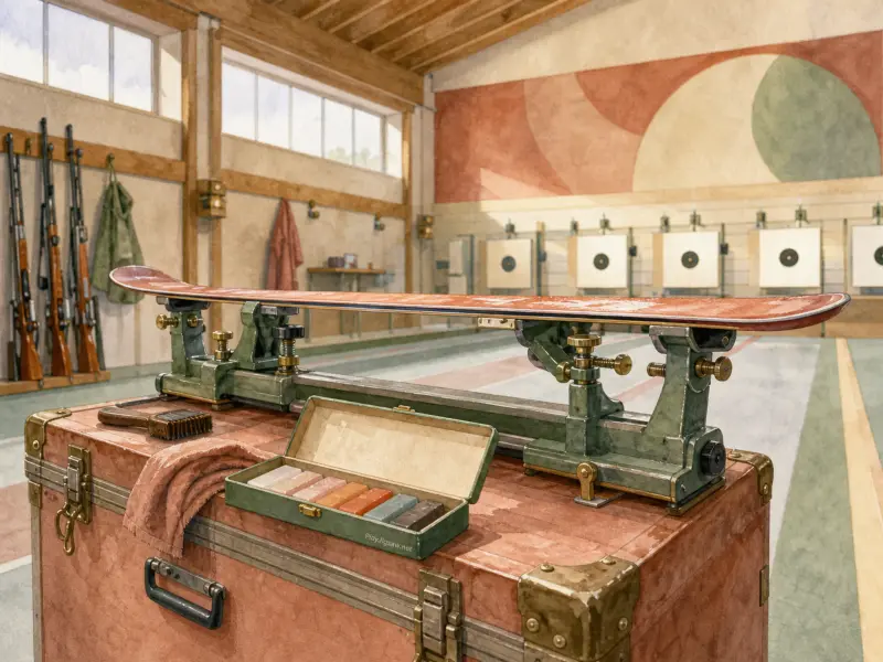 A ski clamped in tuning vises on a trunk with wax blocks, set inside an indoor biathlon shooting range.