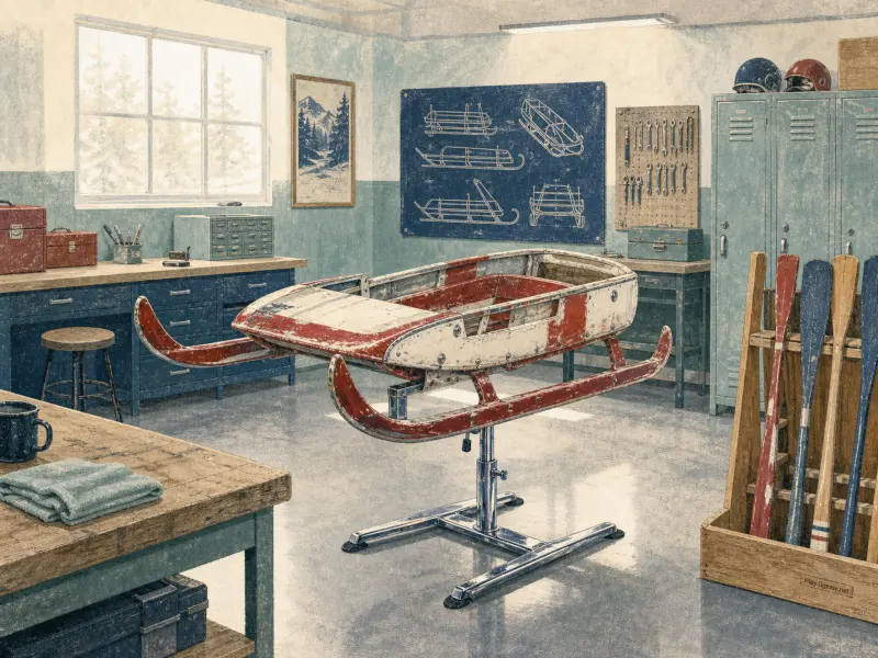 A vintage red and white sled sits on a repair stand in a workshop surrounded by tools, lockers, and blueprints.