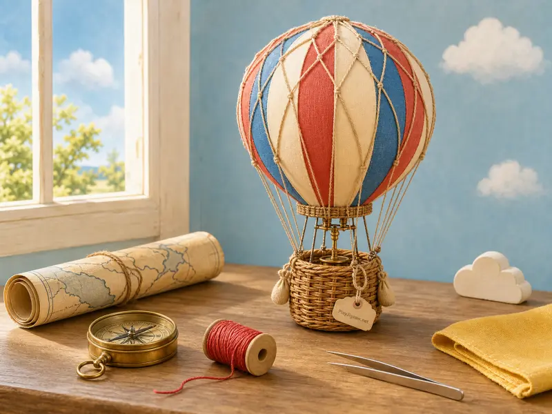 A miniature hot air balloon model sitting on a wooden table beside a rolled map, compass, and craft tools near a window.