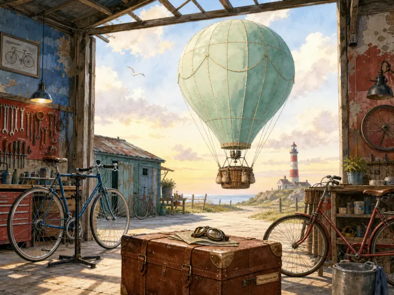 A pale green hot air balloon floats outside an open bicycle repair workshop overlooking a coastal lighthouse.