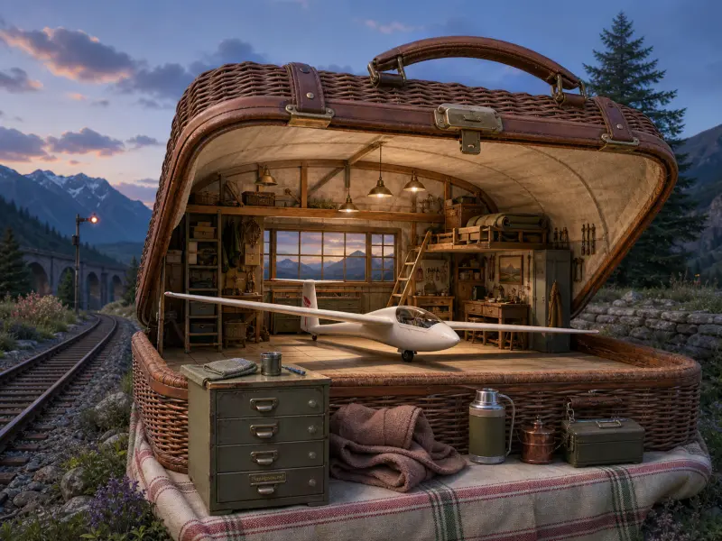 A miniature glider hangar built inside an open wicker suitcase beside mountain railway tracks at dusk.