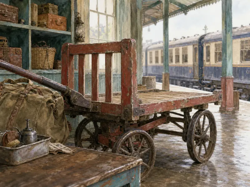 A weathered wooden baggage cart sits on a wet station platform beside a waiting passenger train.