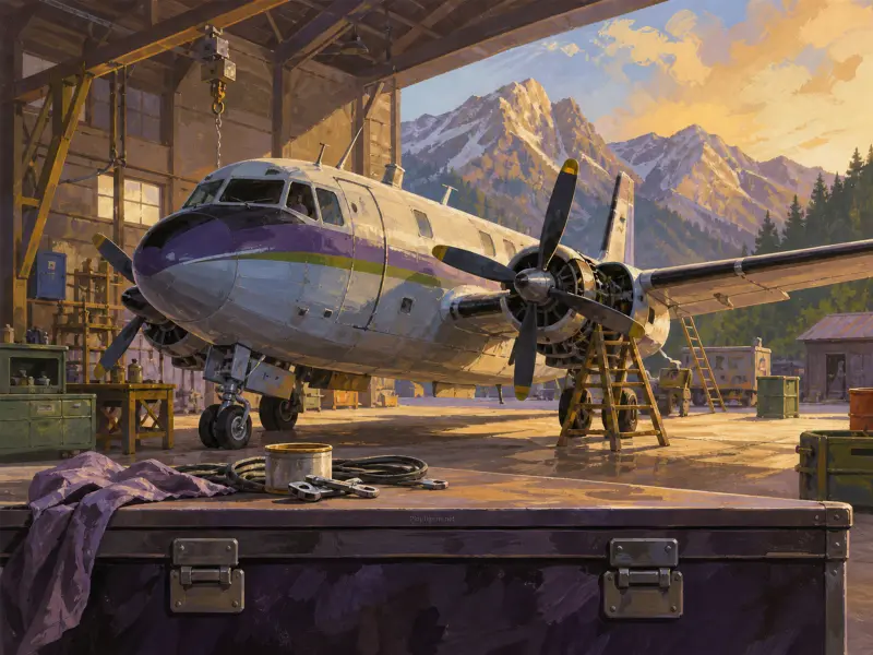 A twin-engine propeller airplane undergoing maintenance in a wooden hangar with snowy mountains in the background.