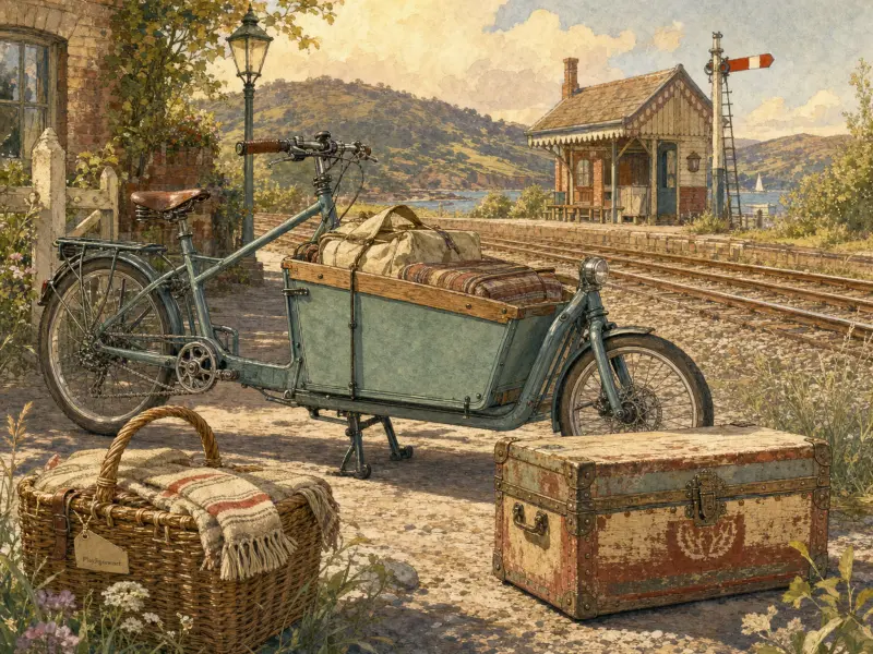 A teal cargo bicycle loaded with bags parked by a rural railway station near a picnic basket and vintage trunk.
