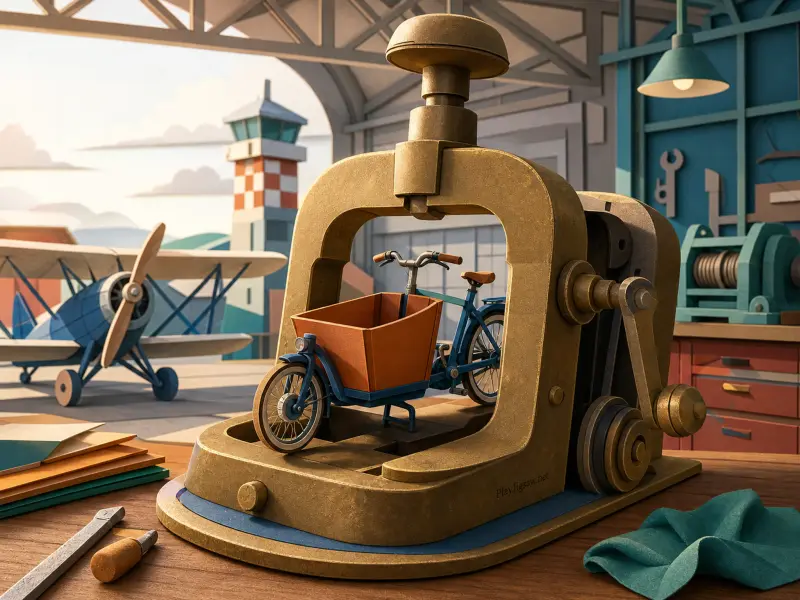 Miniature cargo bicycle inside a brass mechanical press on a workbench overlooking an airfield with an airplane.