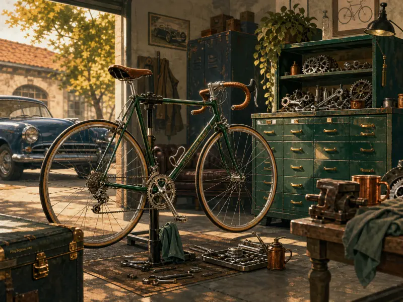 A green vintage road bicycle sits mounted on a repair stand inside a rustic workshop with a classic car outside.