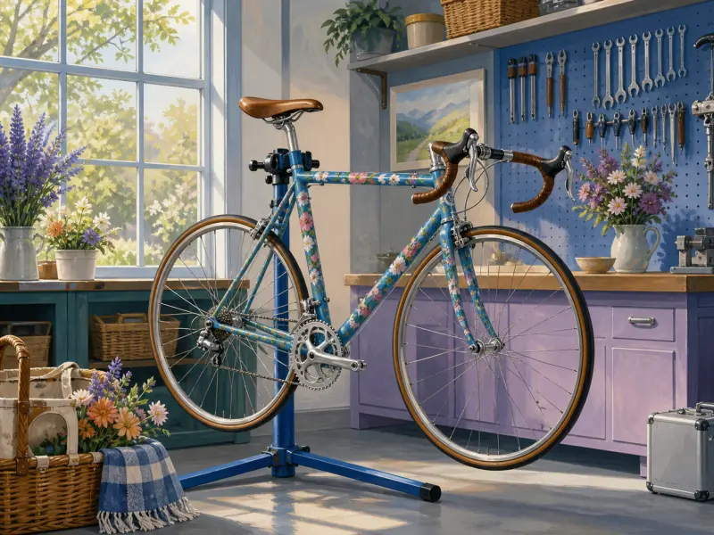 A light blue road bike with floral patterns rests on a repair stand in a sunny workshop with tools and flowers.