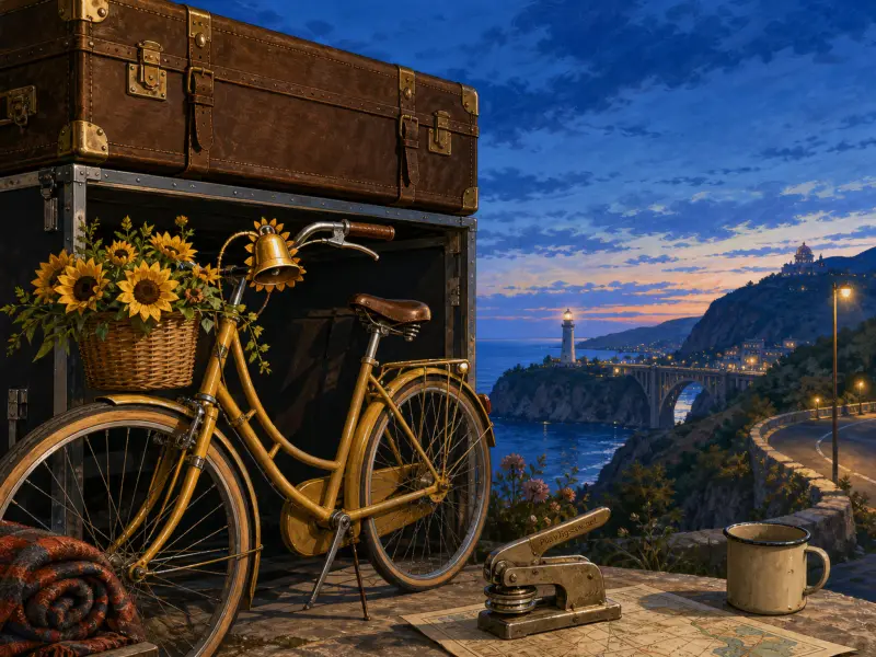 A yellow bicycle with sunflowers in its basket stands by a trunk overlooking a twilight coastline and lighthouse.