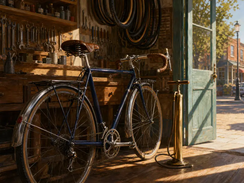 A classic dark blue bicycle stands next to a brass hand pump inside a rustic workshop with an open doorway.