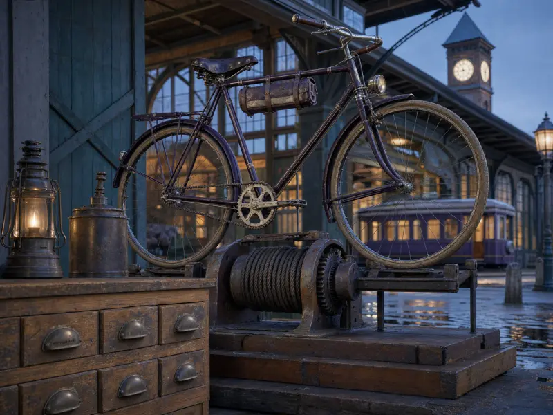 A vintage bicycle mounted above an industrial cable winch outside a train depot at dusk with a tram in the background.