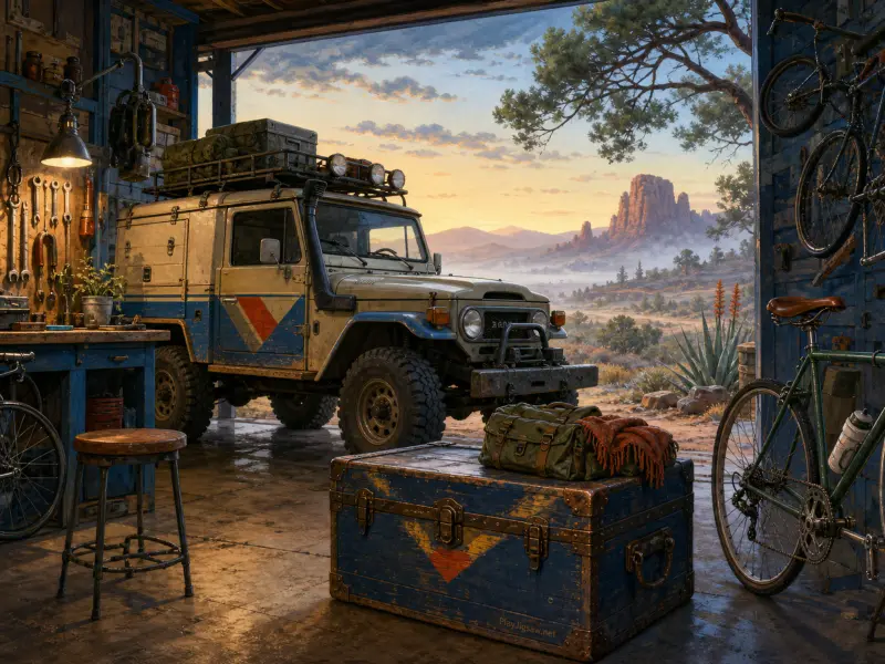 An off-road expedition truck parked inside a rustic workshop looking out over a desert valley at sunrise.