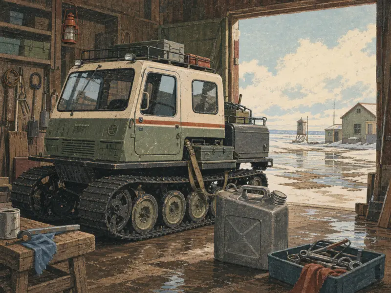 A green and white tracked snow vehicle parked inside a wooden workshop looking out onto a snowy outpost.