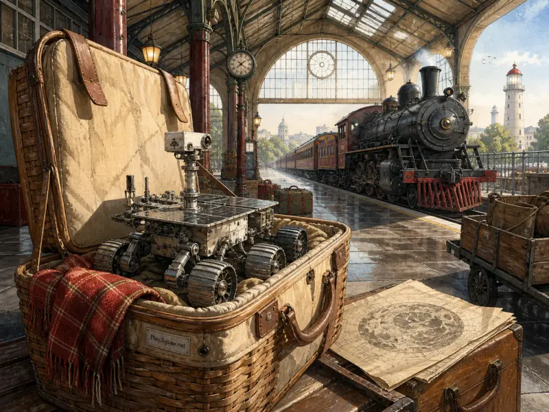 A miniature planetary rover rests inside an open wicker suitcase on a platform beside a vintage steam locomotive.