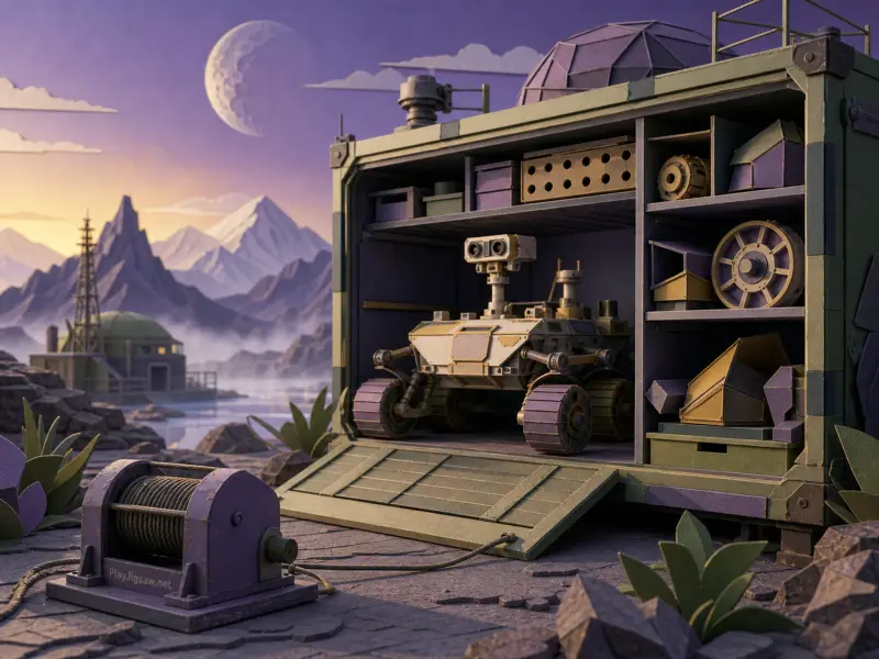 A robotic rover inside an open green storage container on a rocky alien planet under a twilight sky.